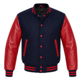 Navy blue melton wool letterman jacket with red cowhide leather sleeves, front view