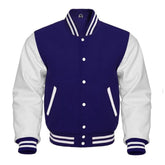 Navy Blue and White Varsity Jacket with Wool Body and Leather Sleeves