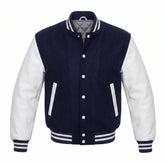 Navy Blue and White Varsity Jacket with Wool Body and Leather Sleeves
