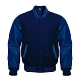 Navy Varsity Jacket with Wool Body and Leather Sleeves