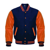 Navy Wool and Orange Leather Varsity Jacket