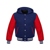 Navy Wool and Red Leather Hooded Varsity Jacket