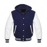 Navy Wool and White Leather Hooded Varsity Jacket