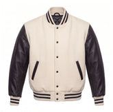 Off White and Black Varsity Jacket with Wool Body and Leather Sleeves