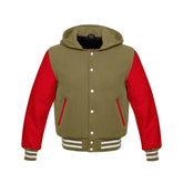 Olive Green Wool and Red Leather Hooded Varsity Jacket