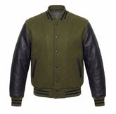 Olive Green and Black Varsity Jacket with Wool Body and Leather Sleeves