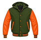 Olive Green and Orange Varsity Jacket with Hood