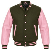 Olive green melton wool letterman jacket with pink leather sleeves, front view