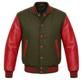 Olive green melton wool varsity jacket with red leather sleeves, front view