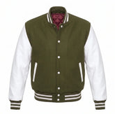 Olive Green and White Varsity Jacket with Wool Body and Leather Sleeves