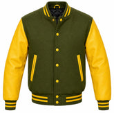 Olive green melton wool varsity jacket, yellow cowhide leather sleeves, front view