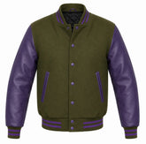 Olive green melton wool varsity jacket with purple cowhide sleeves, front view