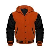 Orange Wool and Black Leather Hooded Varsity Jacket