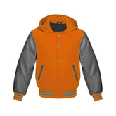 Orange Wool and Grey Leather Hooded Varsity Jacket
