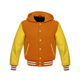 Orange Wool and Yellow Leather Hooded Varsity Jacket