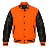 Orange and Black Varsity Jacket with Wool Body and Leather Sleeves