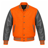 Orange and Grey Varsity Jacket with Wool Body and Leather Sleeves