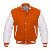 Orange and White Varsity Jacket with Wool Body and Leather Sleeves