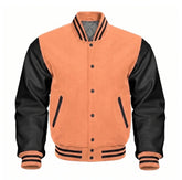 Peach and Black Varsity Jacket with Wool Body and Leather Sleeves