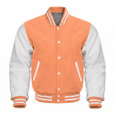 Peach and White Varsity Jacket with Wool Body and Leather Sleeves