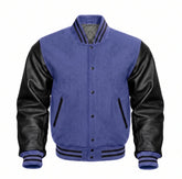 Periwinkle and Black Varsity Jacket with Wool Body and Leather Sleeves