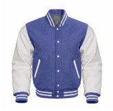 Periwinkle and White Varsity Jacket with Wool Body and Leather Sleeves