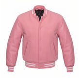 Pink Varsity Jacket with Wool Body and Leather Sleeves