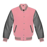 Pink and Grey Varsity Jacket with Wool Body and Leather Sleeves