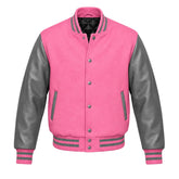 Pink and Grey Varsity Jacket with Wool Body and Leather Sleeves