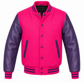 Pink melton wool varsity jacket with purple leather sleeves, front view