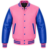 Pink melton wool varsity jacket with royal blue leather sleeves, front view
