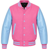 Pink melton wool varsity jacket with sky blue cowhide leather sleeves, front view