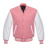 Pink and White Varsity Jacket with Wool Body and Leather Sleeves