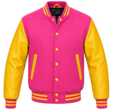 Pink melton wool varsity jacket with yellow leather sleeves, front view