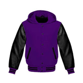 Purple Wool and Black Leather Hooded Varsity Jacket