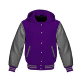 Purple Wool and Grey Leather Hooded Varsity Jacket