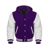 Purple Wool and White Leather Hooded Varsity Jacket