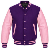 Purple melton wool varsity jacket with pink cowhide leather sleeves, front view
