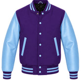 Purple melton wool varsity jacket with sky blue leather sleeves, front view