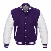 Purple and White Varsity Jacket with Wool Body and Leather Sleeves