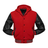 Red Wool and Black Leather Hooded Varsity Jacket