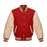 Red Wool and Cream Leather Varsity Jacket
