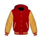 Red Wool and Gold Leather Hooded Varsity Jacket