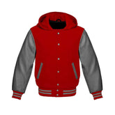 Red Wool and Grey Leather Hooded Varsity Jacket