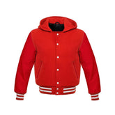 Red Wool and Leather Hooded Varsity Jacket