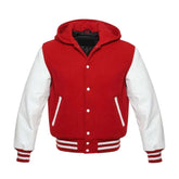 Red Wool and White Leather Hooded Varsity Jacket