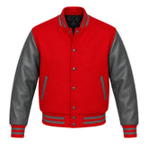 Red and Grey Varsity Jacket with Wool Body and Leather Sleeves