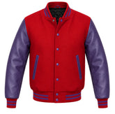 Red melton wool letterman jacket with purple cowhide leather sleeves, front view