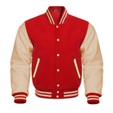 Red and Cream Varsity Jacket with Wool Body and Leather Sleeves