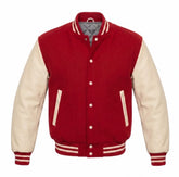 Red and Cream Varsity Jacket with Wool Body and Leather Sleeves